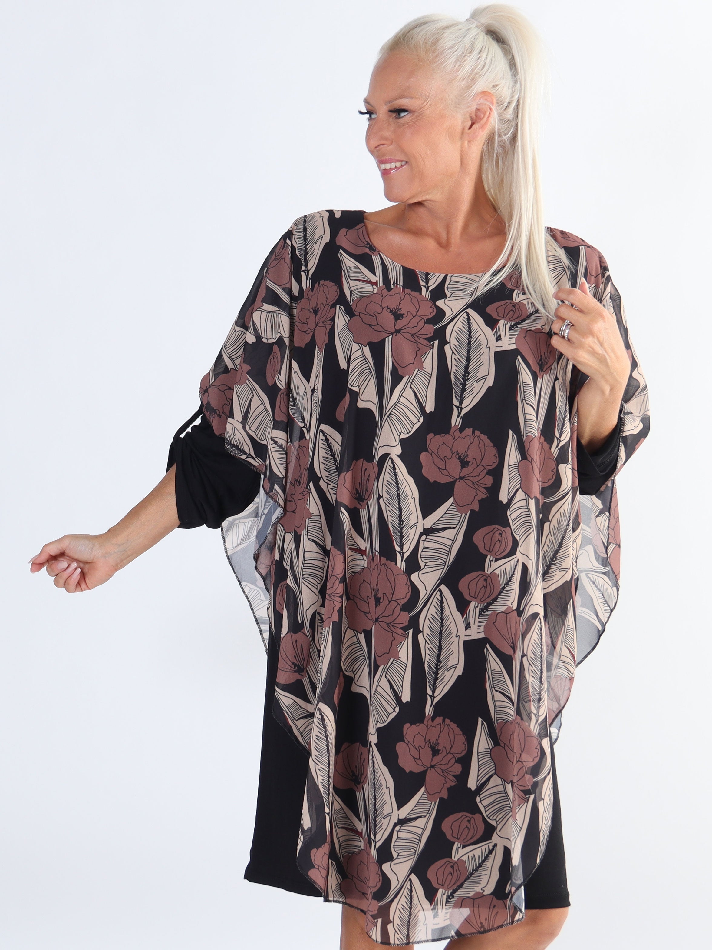 Kenya Feather Long Sleeve - Plus size tunikaklänning med chiffonglager